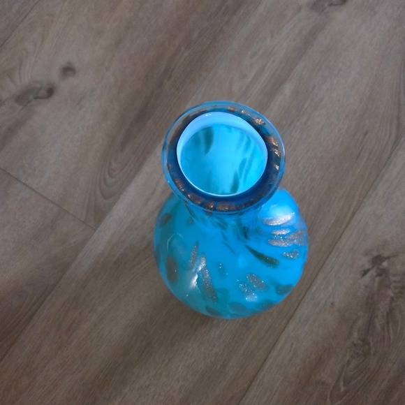 MCM Turquoise Blue Blown Glass Vase Metallic Gold Drips Art Glass - Picture 3 of 5